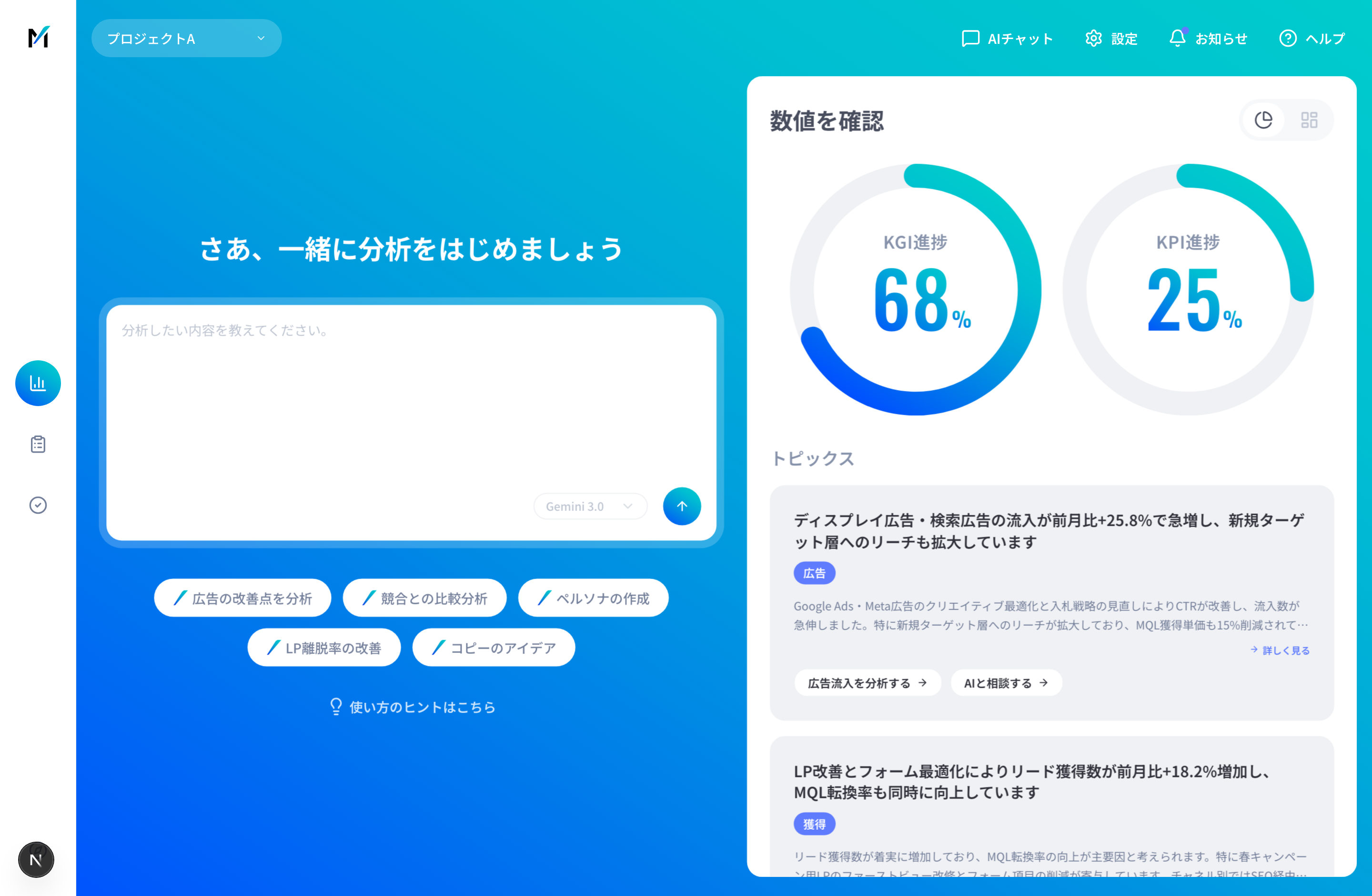 数値を確認する画面。進捗を大きなグラフで表示し、その下に課題をまとめています。